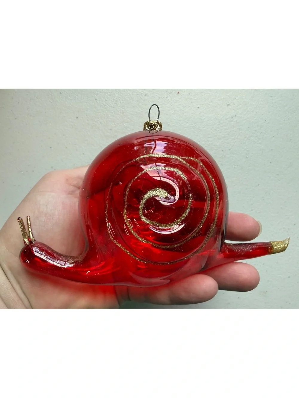 Vintage Italy Blown Glass Snail Christmas Ornament Red Gold